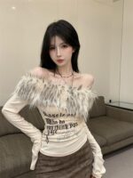 Retro Off-Shoulder Letter Print Patchwork Long Sleeve Top - Image 2