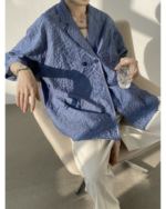 Asymmetric Button Embossed Pattern Loose Short Sleeve Shirt - Image 4