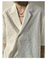 Asymmetric Button Embossed Pattern Loose Short Sleeve Shirt - Image 5