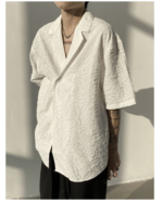 Asymmetric Button Embossed Pattern Loose Short Sleeve Shirt