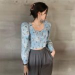 New Retro Printed Square Neck Short Shirt Top - Image 3