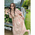 Summer new style French all-match slim mid-length super fairy gentle floral pink Dress