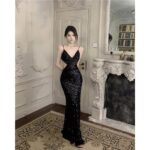 Black sequin spaghetti strap dress backless party high-end long dress - Image 3