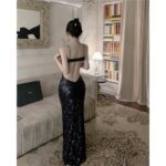 Black sequin spaghetti strap dress backless party high-end long dress - Image 5