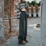 Soft Cement Gray Straight Jeans New Retro Hong Kong Style Slim Loose Draping Wide Leg Denim Pants