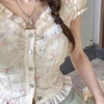 French Summer floral puff short sleeve slim fit cropped top - Image 6