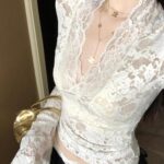 Layered French V-Neck Lace Trim Sheer Top – Chic Sexy Flared Sleeve Blouse