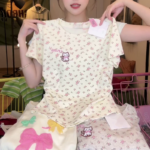 Floral Cat Embroidered Square-Neck Top – Women’s Slim Fit Sweet Short Sleeve Blouse