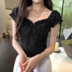 Black lace square neck floral embroidered tops - Image 2