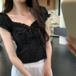 Black lace square neck floral embroidered tops - Image 5