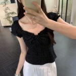 Black lace square neck floral embroidered tops - Image 3