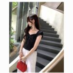 Black lace square neck floral embroidered tops - Image 4