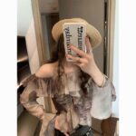 French Retro Floral Ruffle Off Shoulder Crop Top - Image 5