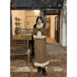 Suede Fur Collar Quilted Jacket and Skirt Set - Image 4