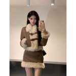 Suede Fur Collar Quilted Jacket and Skirt Set