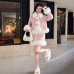 Suede Fur Collar Quilted Jacket and Skirt Set - Image 8