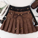 Brown Pleated High-Waist PU Mini Skirt - Image 4