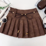Brown Pleated High-Waist PU Mini Skirt