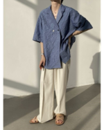 Asymmetric Button Embossed Pattern Loose Short Sleeve Shirt - Image 6