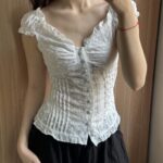French Jacquard Puff Sleeve Top – Palace Style Ballet Girl Lace Button Blouse