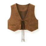 Brown Suede Layered Tie V-Neck Crop Vest