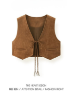 Brown Suede Layered Tie V-Neck Crop Vest