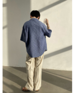 Asymmetric Button Embossed Pattern Loose Short Sleeve Shirt - Image 7