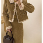 Fleece Lined Tweed Style Two Piece Outfit Slimming Jacket and Skirt Set