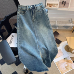 High-Waist Split Denim Skirt – Mid-Length A-Line Slim Fit Skirt for Women