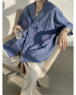 Asymmetric Button Embossed Pattern Loose Short Sleeve Shirt - Image 8