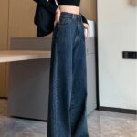 Blue and gray high-waisted wide-leg jeans loose straight floor-length Jeans