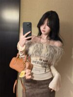 Retro Off-Shoulder Letter Print Patchwork Long Sleeve Top - Image 3