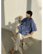 Asymmetric Button Embossed Pattern Loose Short Sleeve Shirt - Image 9