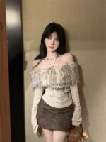 Retro Off-Shoulder Letter Print Patchwork Long Sleeve Top - Image 8