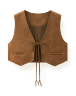 Brown Suede Layered Tie V-Neck Crop Vest - Image 6
