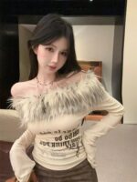 Retro Off-Shoulder Letter Print Patchwork Long Sleeve Top