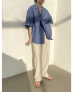 Asymmetric Button Embossed Pattern Loose Short Sleeve Shirt - Image 11