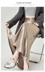 High Waist Acetate Satin A-Line Fishtail Midi Skirt - Image 9