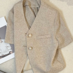 Light Coffee Short Sleeve Cropped Tweed Blazer Elegant Women Top