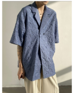 Asymmetric Button Embossed Pattern Loose Short Sleeve Shirt - Image 12