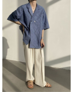 Asymmetric Button Embossed Pattern Loose Short Sleeve Shirt - Image 13