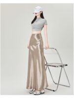 High Waist Acetate Satin A-Line Fishtail Midi Skirt - Image 6