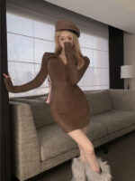 Plush Knitted Dress Hot Girl Long Sleeve Tight Inner Thickened Slim Fit Waist Covering Hip dress - Image 7