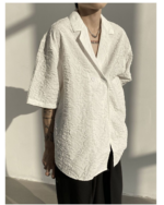 Asymmetric Button Embossed Pattern Loose Short Sleeve Shirt - Image 2