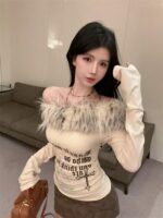 Retro Off-Shoulder Letter Print Patchwork Long Sleeve Top - Image 9