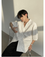 Asymmetric Button Embossed Pattern Loose Short Sleeve Shirt - Image 3