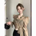 Elegant 3D Floral Blouse – French Tie-Waist Sheer Wrap Shirt
