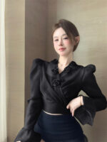 Elegant 3D Floral Blouse – French Tie-Waist Sheer Wrap Shirt - Image 7