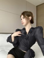Elegant 3D Floral Blouse – French Tie-Waist Sheer Wrap Shirt - Image 4