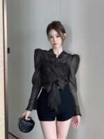 Elegant 3D Floral Blouse – French Tie-Waist Sheer Wrap Shirt - Image 8
